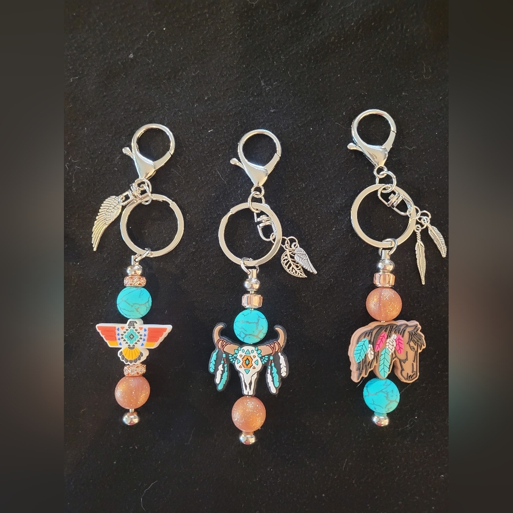 Turquoise Thunderbird Bullhead Indian Horse Southwestern Bead Keychain Gift Set
